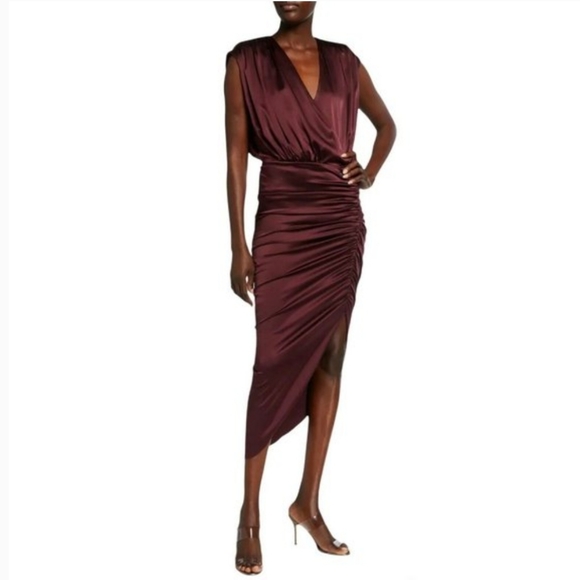 NWT Veronica Beard Casela Ruched Stretch-Silk Dress Color Dark Fig Size 2 - Picture 3 of 16